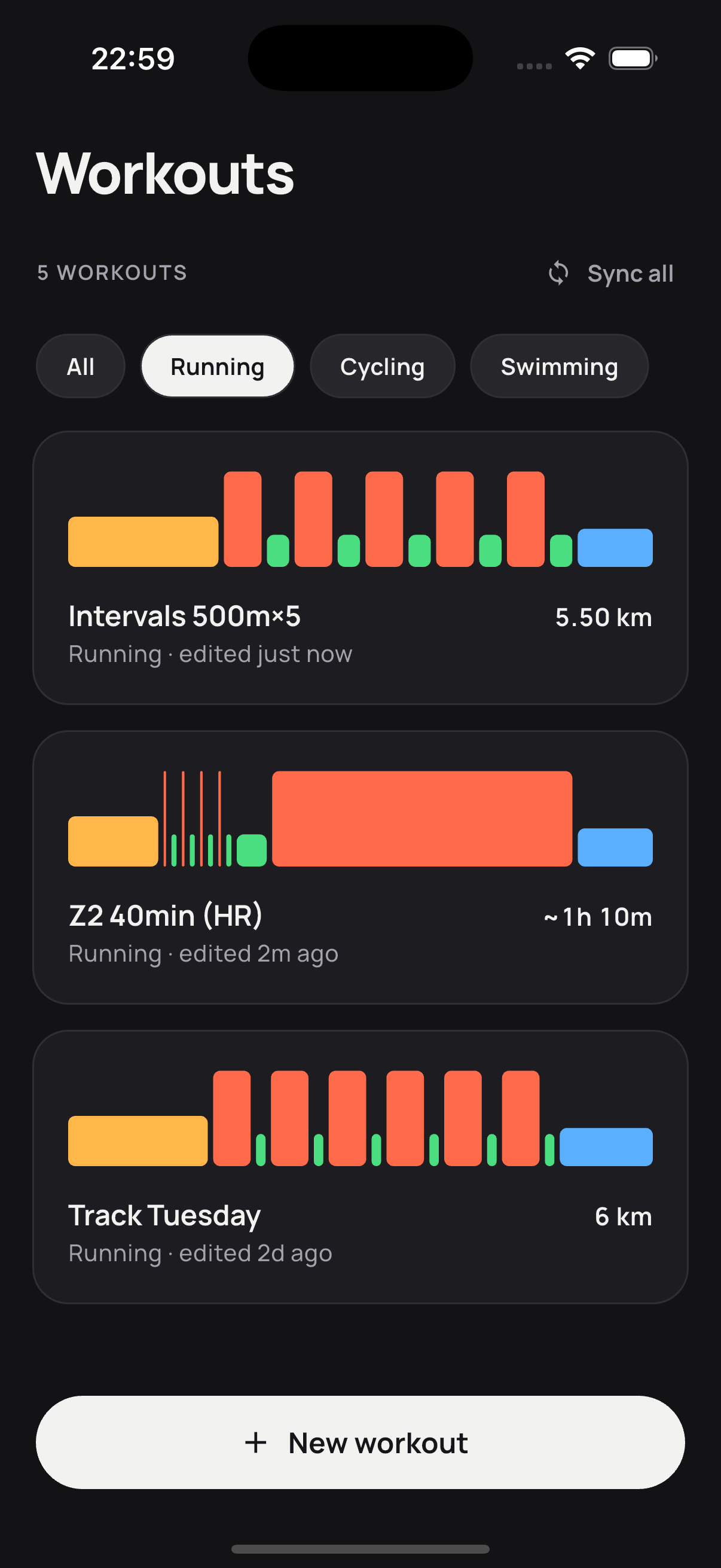 Workout Planner's workout library - each workout card leads with its color-coded interval profile